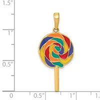 Gold lollipop pendant with colorful enamel stripes in blue, red, orange, yellow, and green, shown next to a ruler measuring approximately 1.25 inches in length.