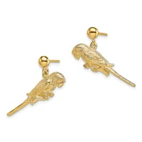 A pair of gold parrot dangle earrings with textured feather details, shown against a white background.
