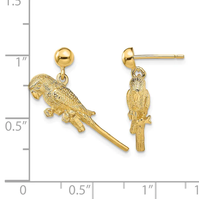Pair of gold parrot dangle earrings with ball studs, shown next to a measurement ruler indicating approximately one inch in length.