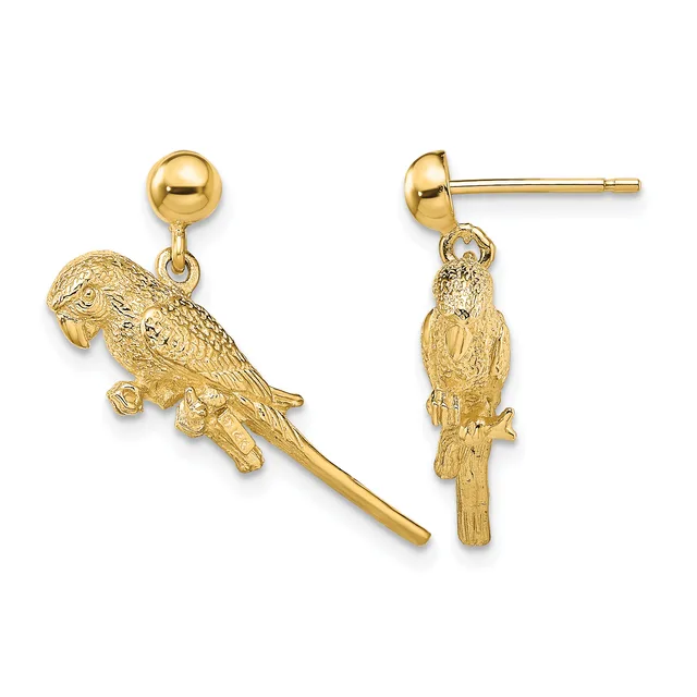 A pair of gold parrot dangle earrings with textured feather detail, shown from front and back views, suspended from polished ball studs.