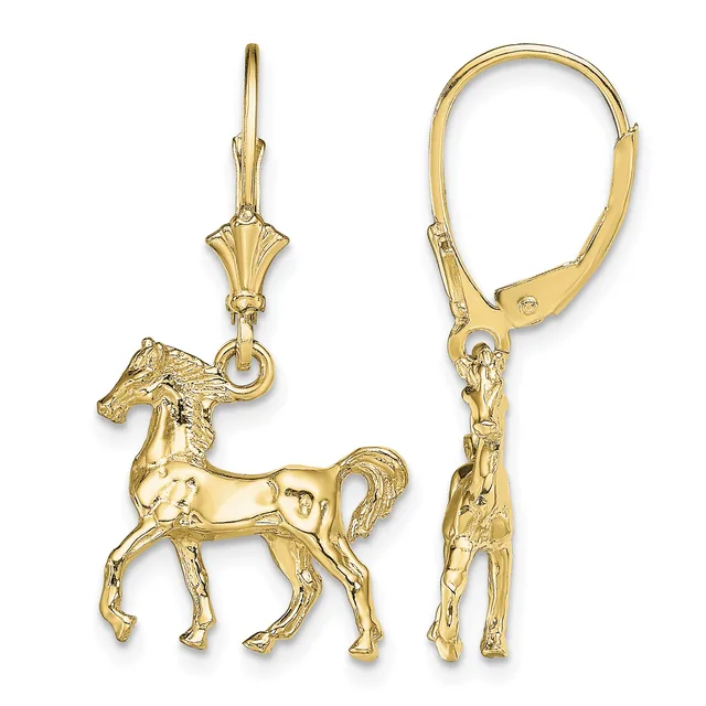 A pair of gold horse charm earrings with lever backs, shown from front and back views.