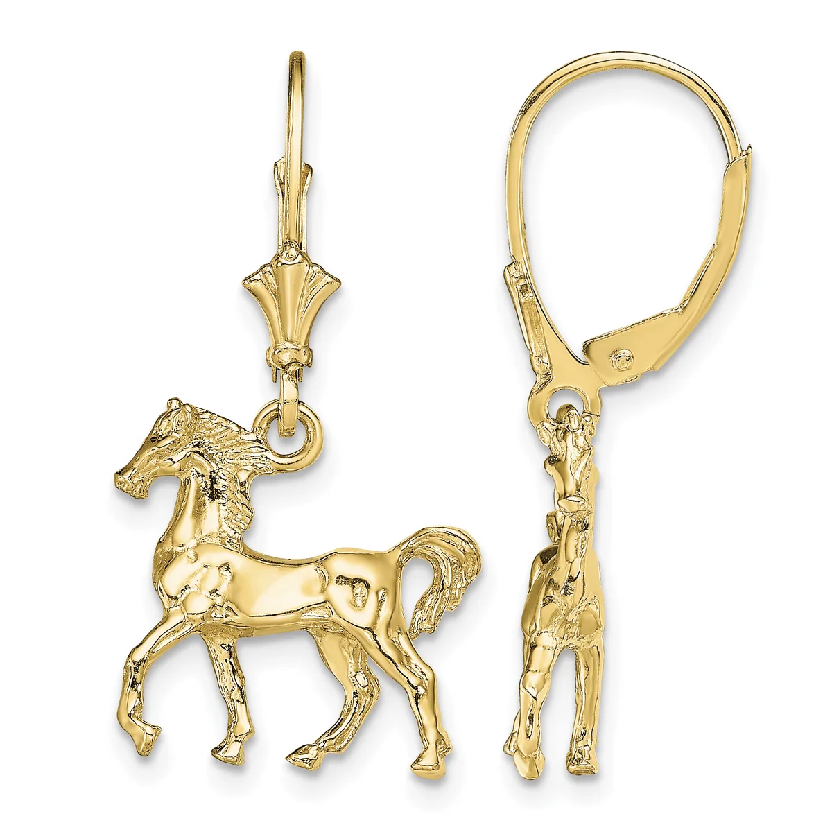 A pair of gold horse charm earrings with lever backs, shown from front and back views.