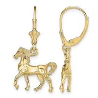 A pair of gold horse charm earrings with lever backs, shown from front and back views.
