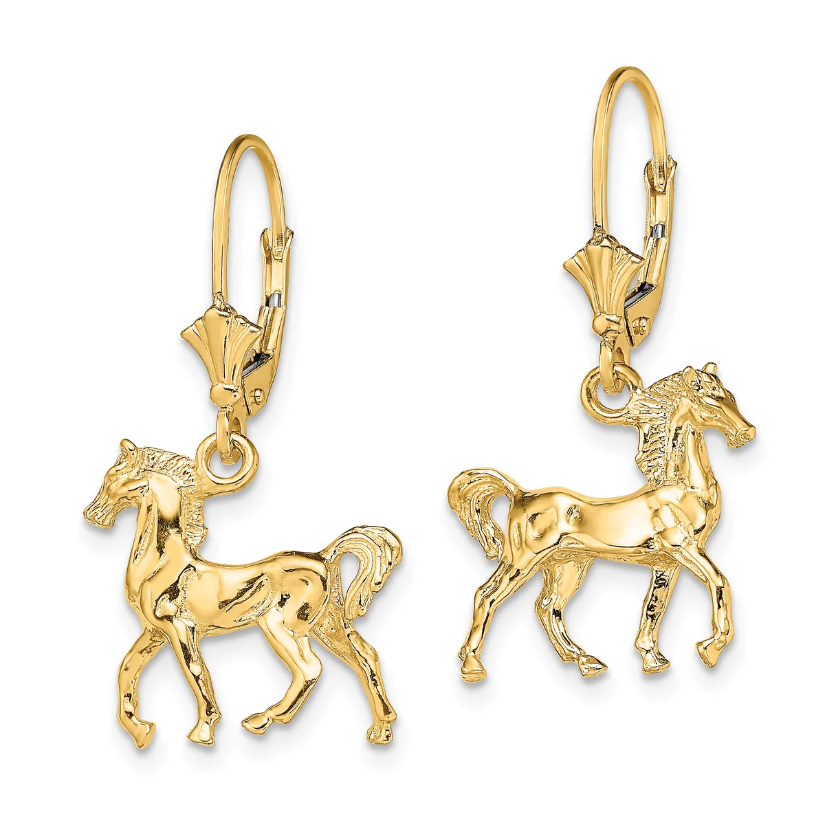 A pair of gold horse charm earrings with lever-back closures, shown from front and side angles.