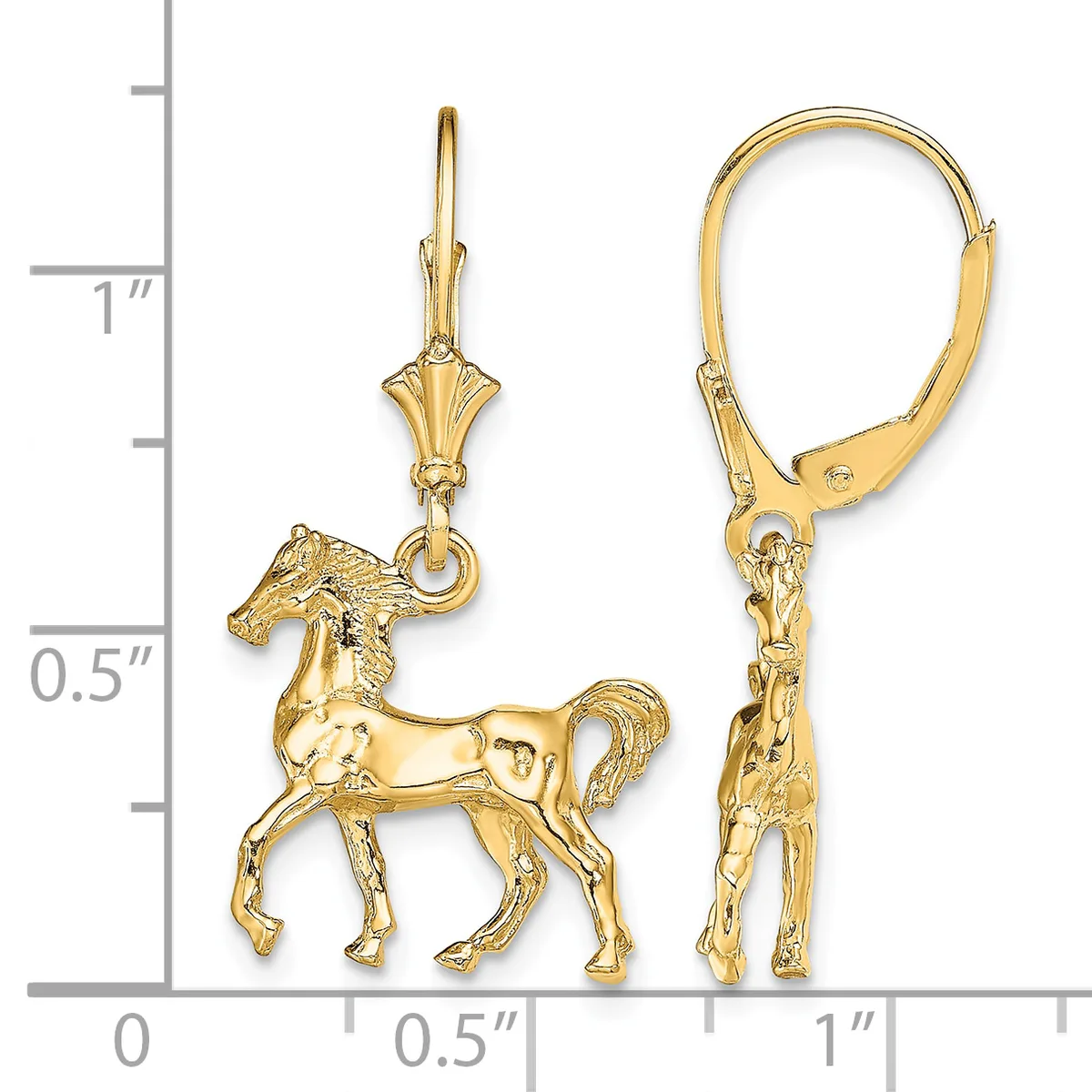 Pair of gold horse charm earrings with leverback closures, shown next to a ruler indicating approximately one inch in length.