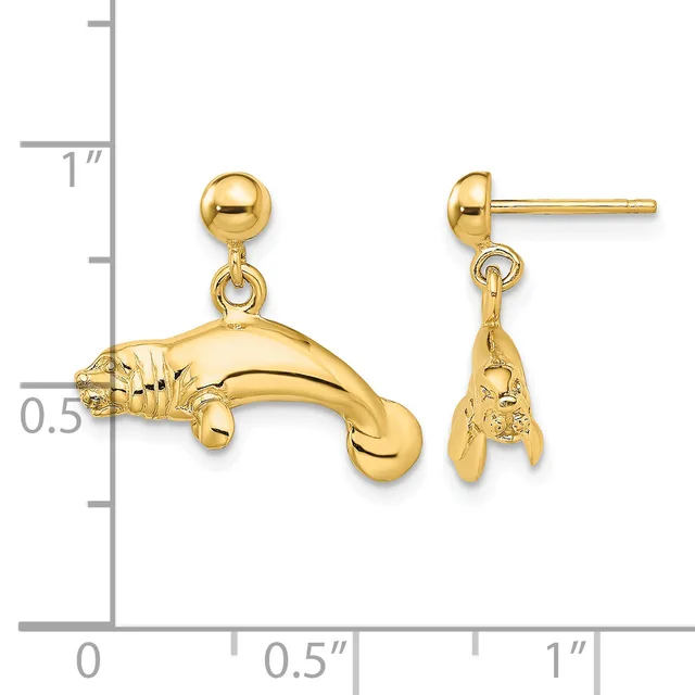 A pair of gold manatee charm earrings with ball posts shown next to a measurement scale indicating approximately one inch in length.