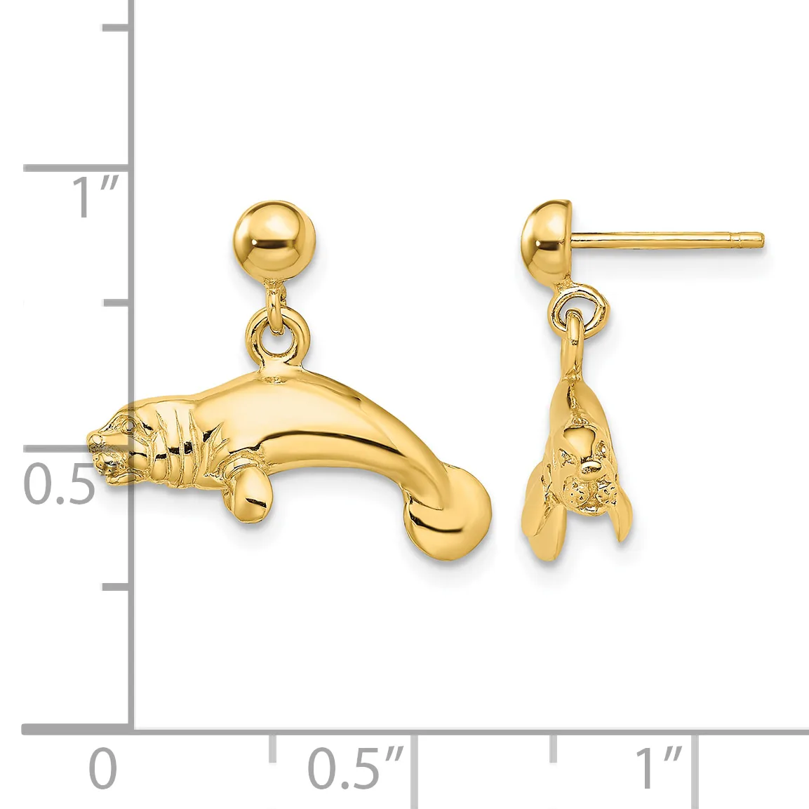 A pair of gold manatee charm earrings with ball posts shown next to a measurement scale indicating approximately one inch in length.