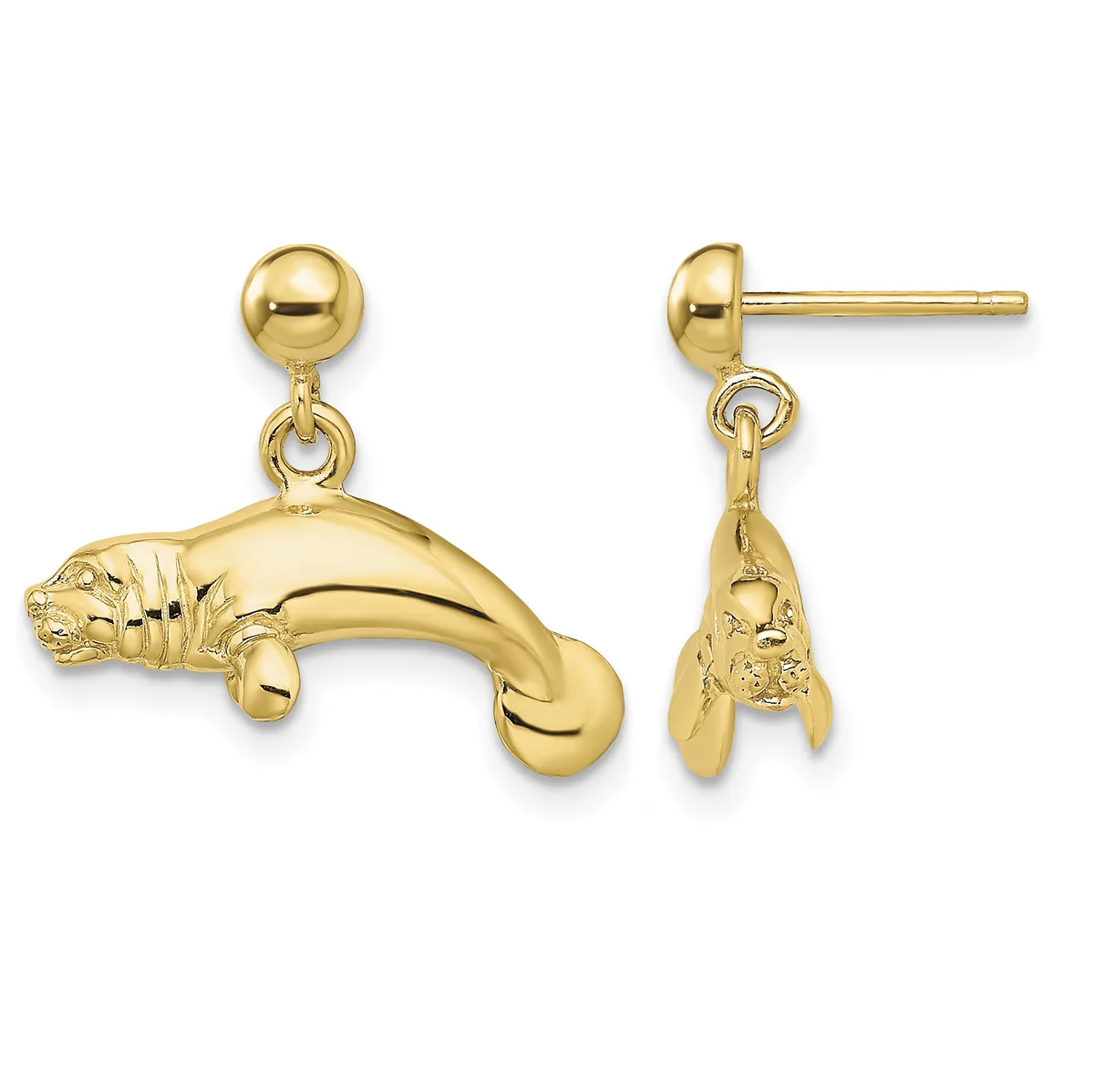 Pair of gold manatee dangle earrings with ball studs, shown from front and back views.
