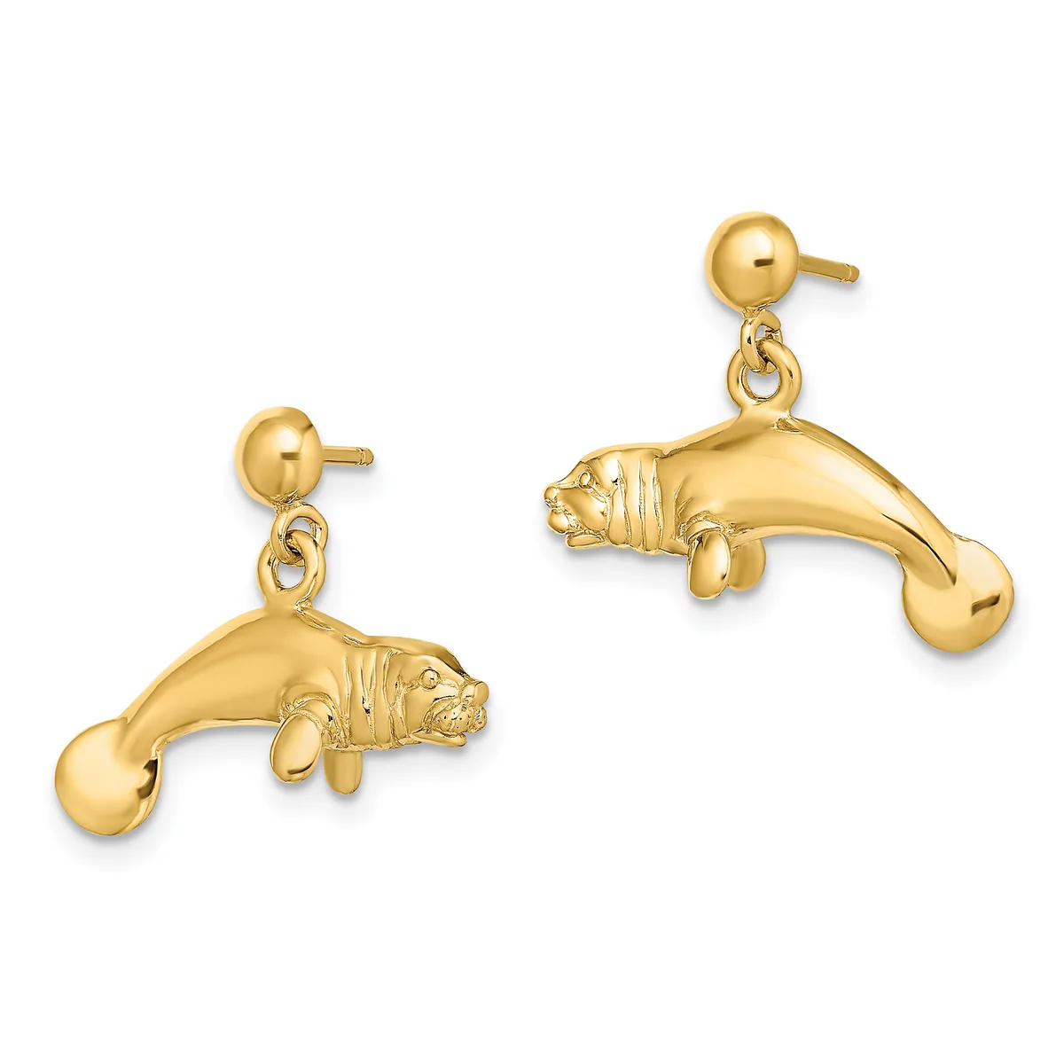 Pair of gold manatee dangle earrings with ball posts, shown from the front on a white background.