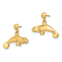 Pair of gold manatee dangle earrings with ball posts, shown from the front on a white background.