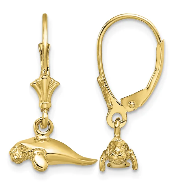 Pair of gold-colored leverback earrings with decorative fan-shaped tops and dangling animal head charms, shown from front and side views.