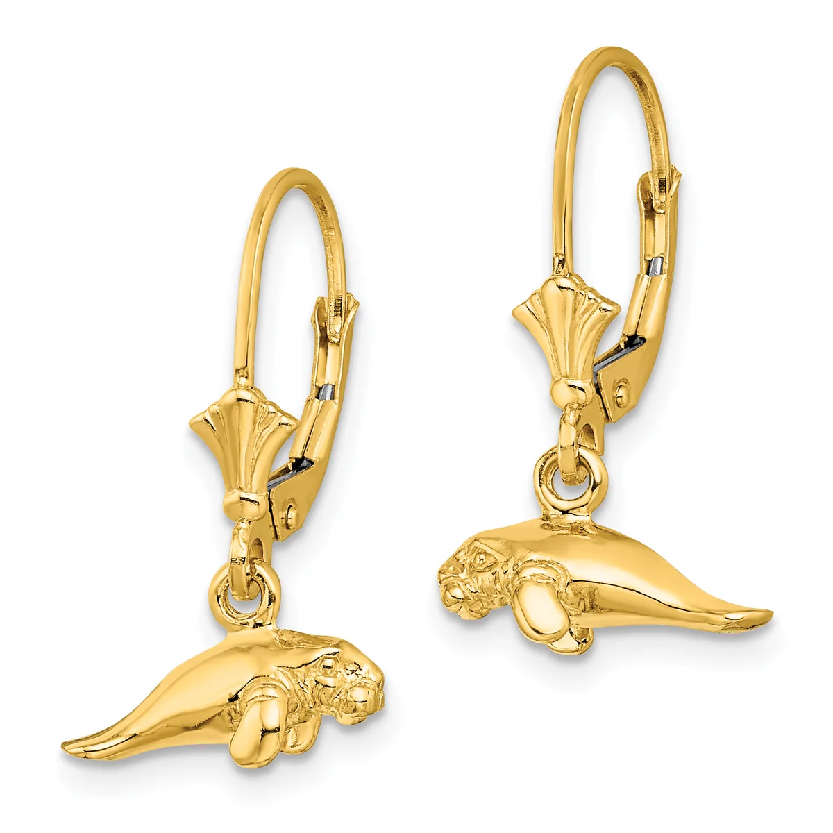 Pair of gold manatee-shaped earrings with lever-back closures, shown from front and side angles.
