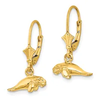 Pair of gold manatee-shaped earrings with lever-back closures, shown from front and side angles.