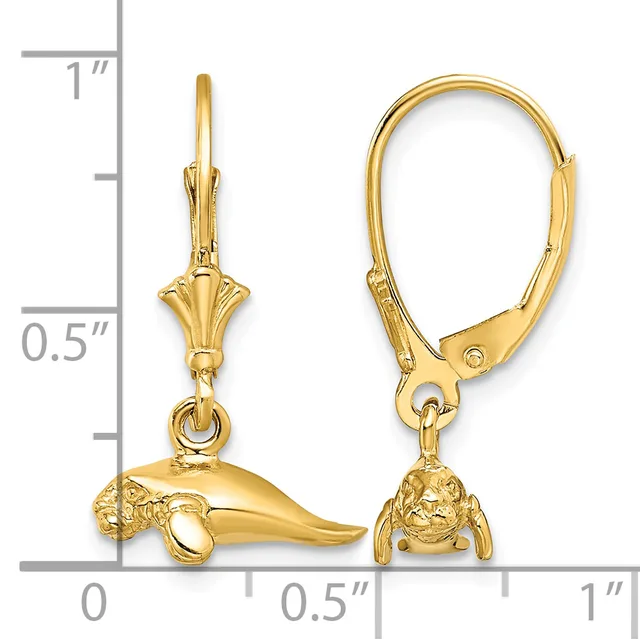 Gold-toned leverback earrings with bird-shaped charms hanging from decorative tops, displayed against a ruler showing approximately one inch in length.