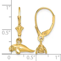 Gold-toned leverback earrings with bird-shaped charms hanging from decorative tops, displayed against a ruler showing approximately one inch in length.