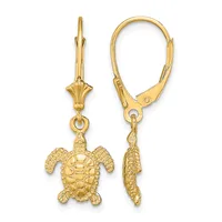 Pair of gold-colored lever-back earrings featuring textured sea turtle charms hanging from decorative bails, shown from front and back views.