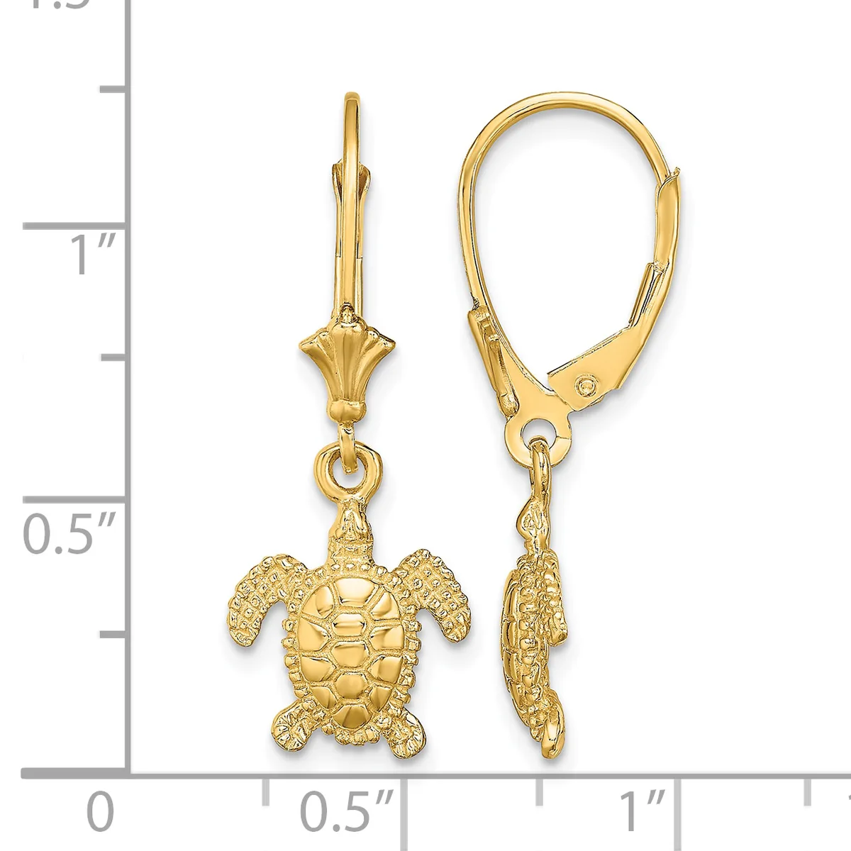 Gold-toned turtle charm earrings with leverback closures shown next to a ruler indicating approximately one inch in length.