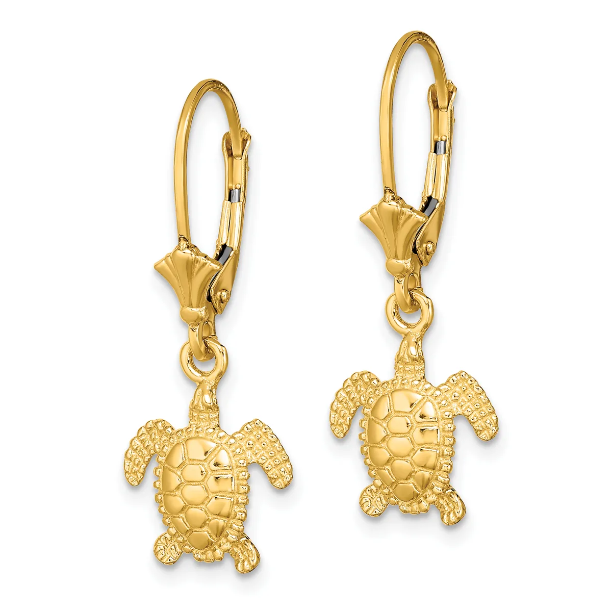 Pair of gold-colored leverback earrings with detailed turtle charms hanging from decorative caps.