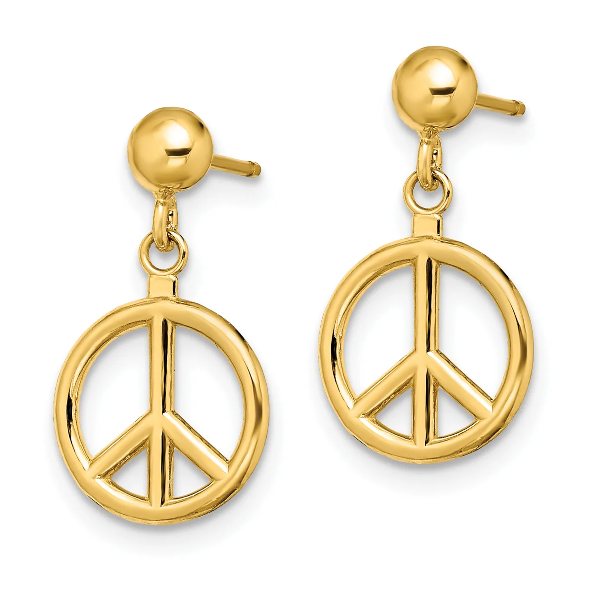 A pair of gold-toned dangle earrings with ball studs at the top connected by short chains to peace symbol pendants below.