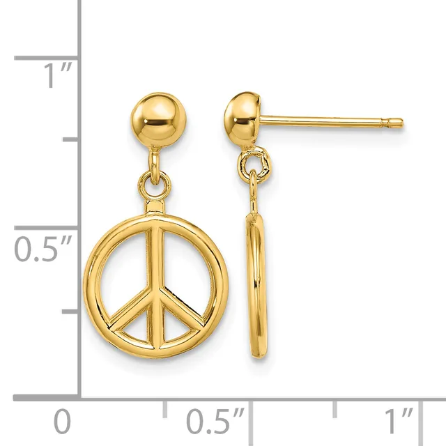 Gold-toned ball stud earrings with dangling peace symbol pendants, shown next to a ruler indicating approximately one inch in length.