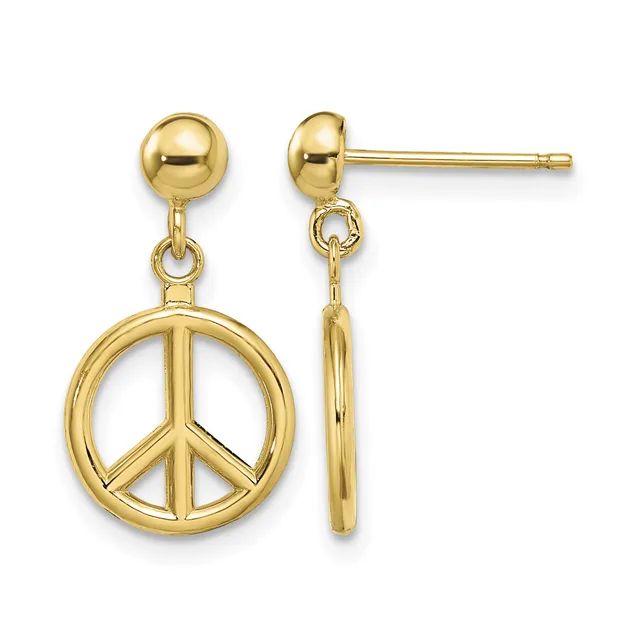 Pair of gold dangle earrings with polished ball studs and peace symbol charms hanging from connector loops.
