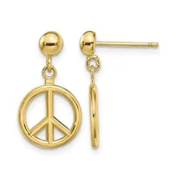 Pair of gold dangle earrings with polished ball studs and peace symbol charms hanging from connector loops.