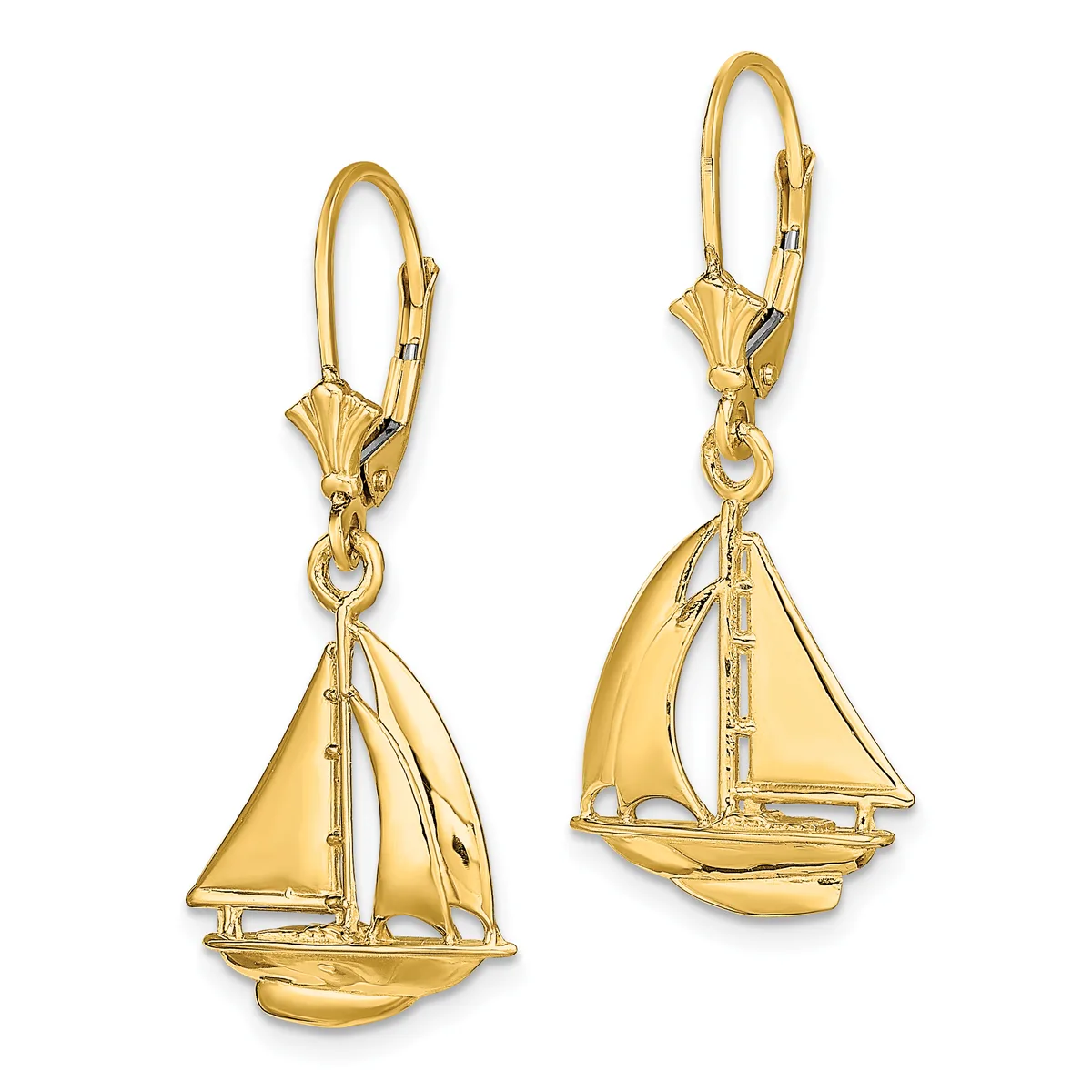 A pair of gold sailboat earrings with lever backs, shown from two angles to display the detailed rigging and hull design.