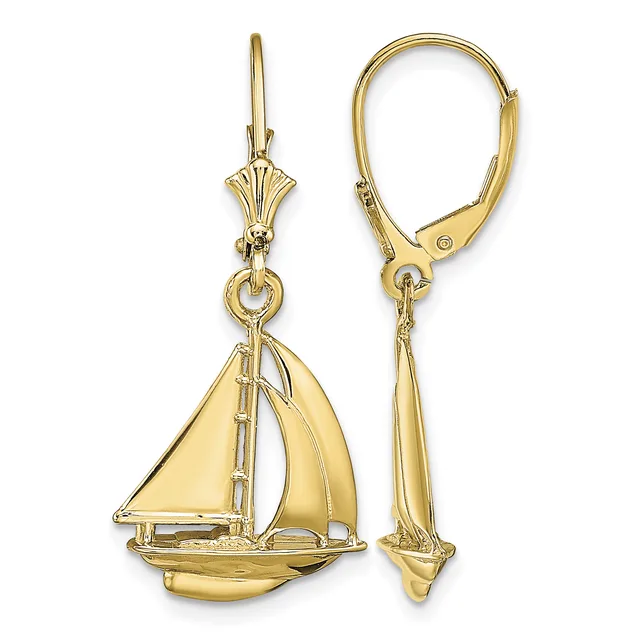 Pair of gold sailboat earrings with lever-back closures, shown from front and side views.
