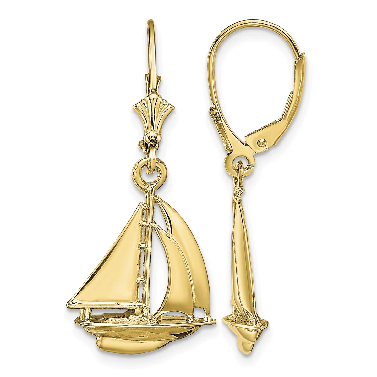 Pair of gold sailboat earrings with lever-back closures, shown from front and side views.