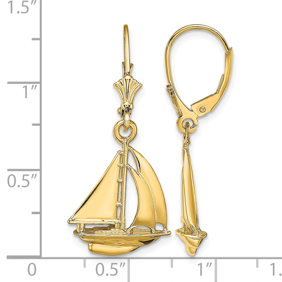 Pair of gold sailboat earrings with lever backs, shown next to a ruler indicating approximately one inch in length.