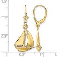 Pair of gold sailboat earrings with lever backs, shown next to a ruler indicating approximately one inch in length.