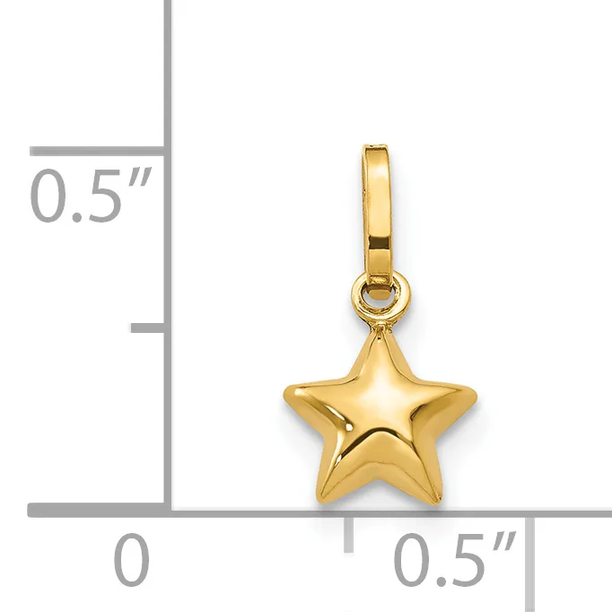 A polished gold-toned star charm with a bail attachment, shown next to a measurement scale indicating approximately 0.5 inches in width and height.