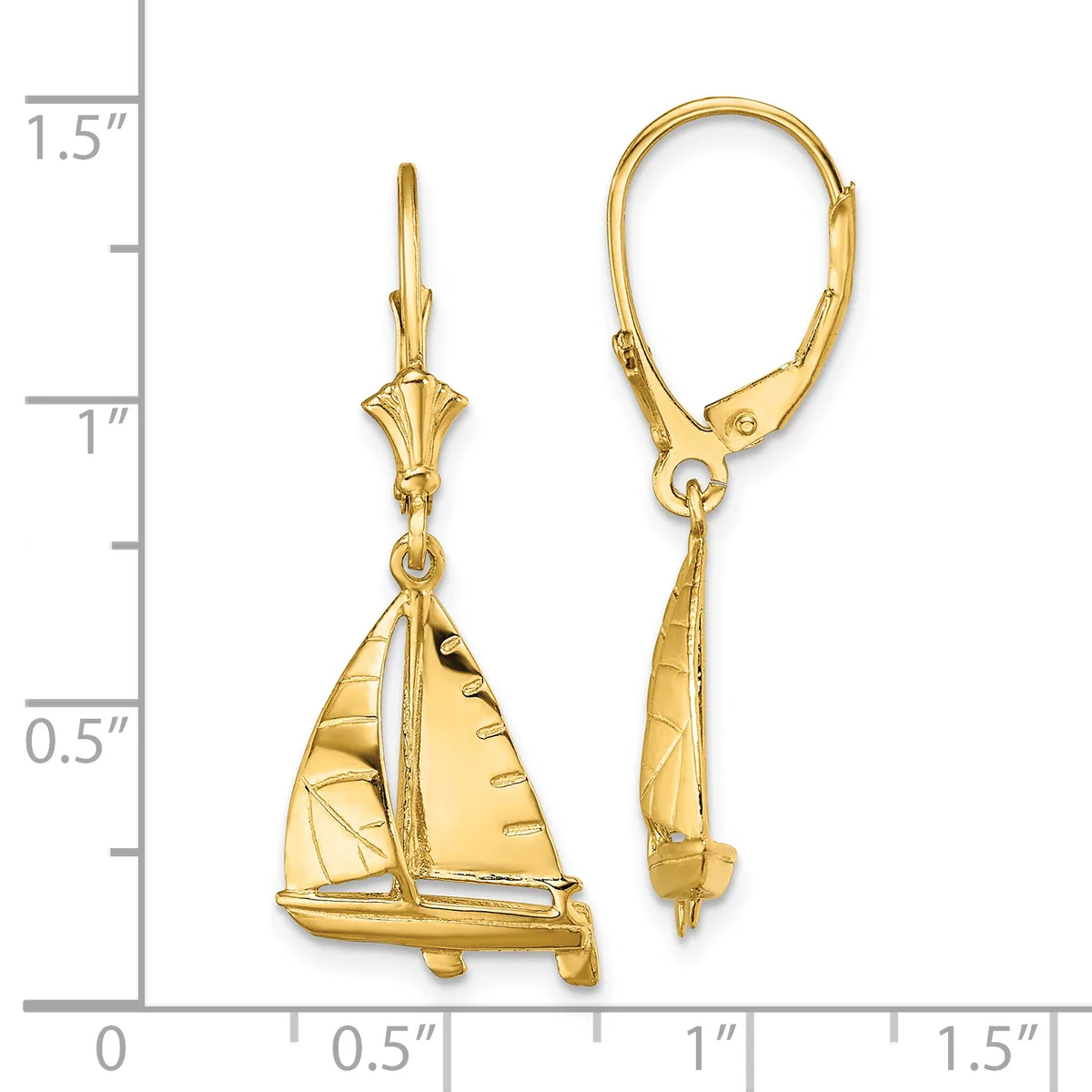 Gold sailboat drop earrings with lever backs, shown next to a ruler measuring approximately 1.25 inches in length.