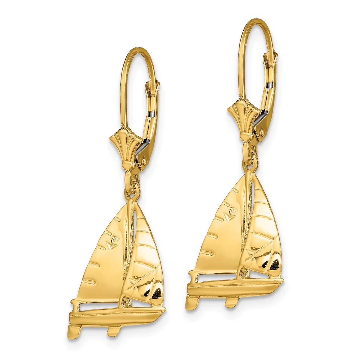 Pair of gold sailboat earrings with lever backs, featuring textured sails and polished hulls.