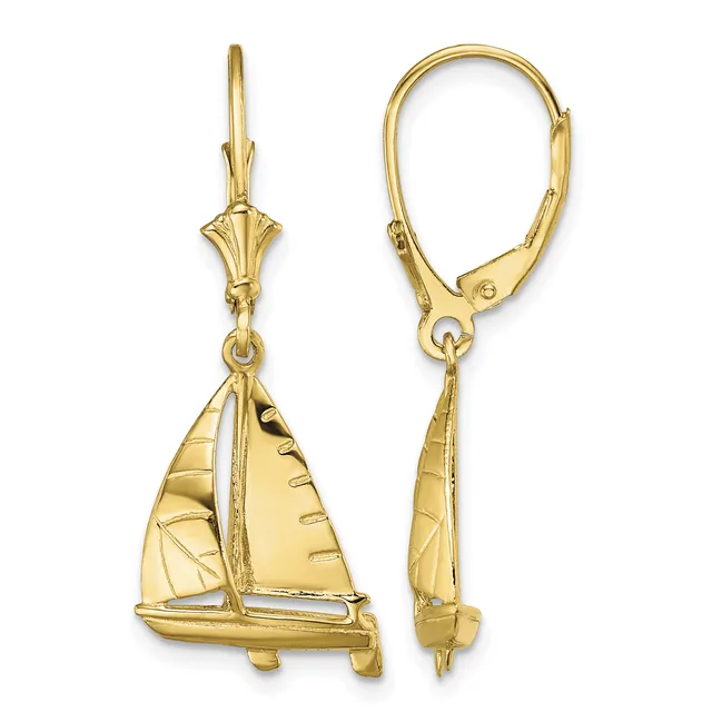 Pair of gold sailboat charm earrings with leverback closures, shown from front and side views.