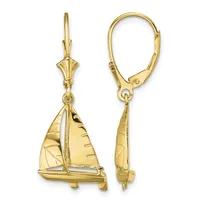 Pair of gold sailboat charm earrings with leverback closures, shown from front and side views.