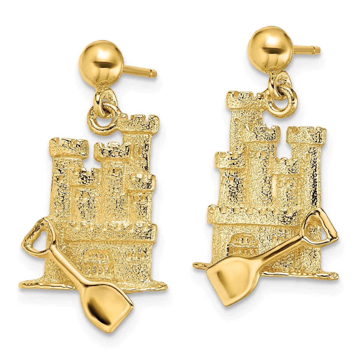 Pair of gold dangle earrings featuring sandcastle charms with textured finish and small shovels attached, suspended from polished ball studs.