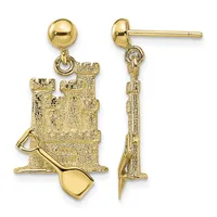 Pair of gold dangle earrings featuring a textured castle tower with crenellations and a smooth shovel charm, shown from front and side views.