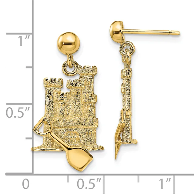 Gold-colored sand castle dangle earrings with ball studs shown next to a ruler measuring approximately one inch in length.