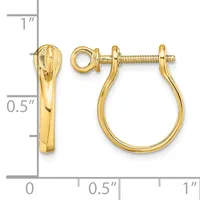 Gold-toned screw-back earrings with polished curved half-hoop design, shown front and side view with measurement scale.