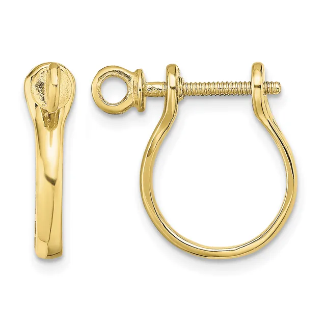 Pair of gold-colored screw-back earrings with polished finish, shown front and side view, featuring curved hoop design with decorative loop and threaded post.