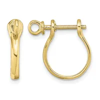 Pair of gold-colored screw-back earrings with polished finish, shown front and side view, featuring curved hoop design with decorative loop and threaded post.