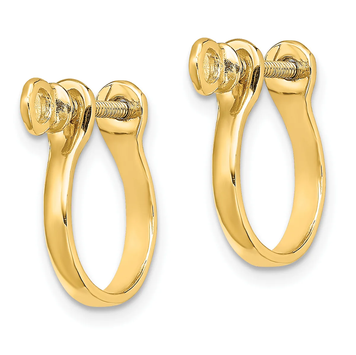A pair of polished gold hoop earrings with screw-back closures, shown from the front and back views.