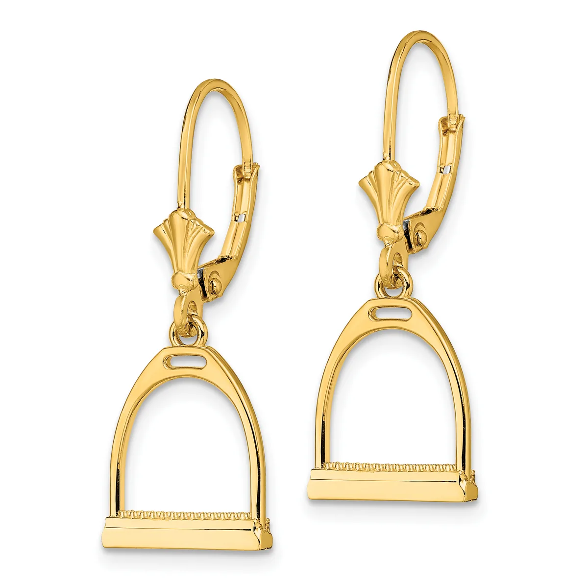 Pair of gold-toned stirrup earrings with lever-back closures and decorative fan-shaped posts.
