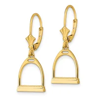 Pair of gold-toned stirrup earrings with lever-back closures and decorative fan-shaped posts.