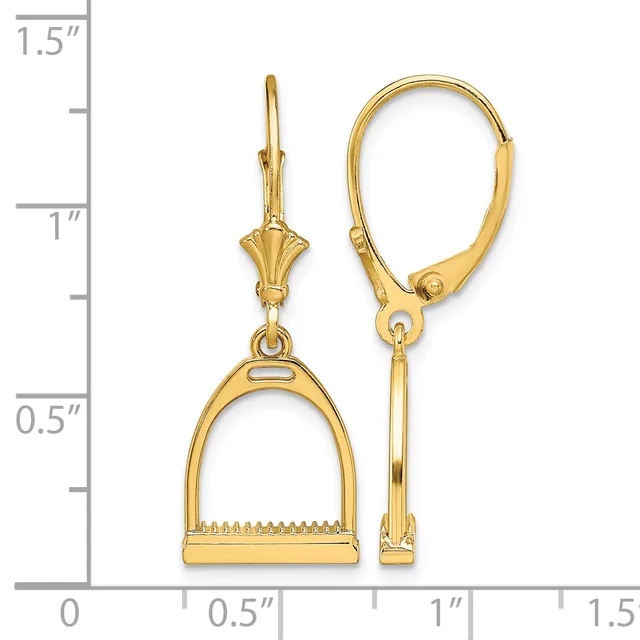 Gold-toned stirrup charm earrings with leverback closures shown against a ruler measuring approximately 1.5 inches in length.