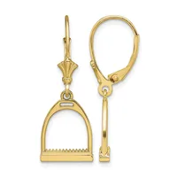 Pair of gold stirrup-shaped dangle earrings with leverback closures displayed against a white background.