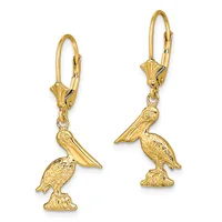 Pair of gold pelican charm earrings with lever-back closures, shown from front and back angles.