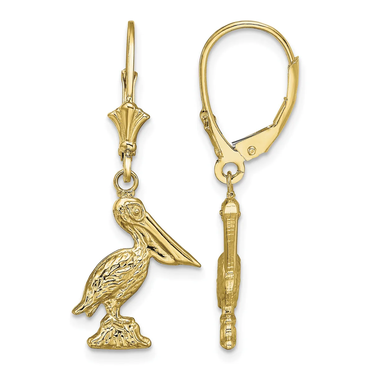 Pair of gold lever-back earrings featuring detailed pelican charms suspended from decorative ear wires, shown from front and back views.
