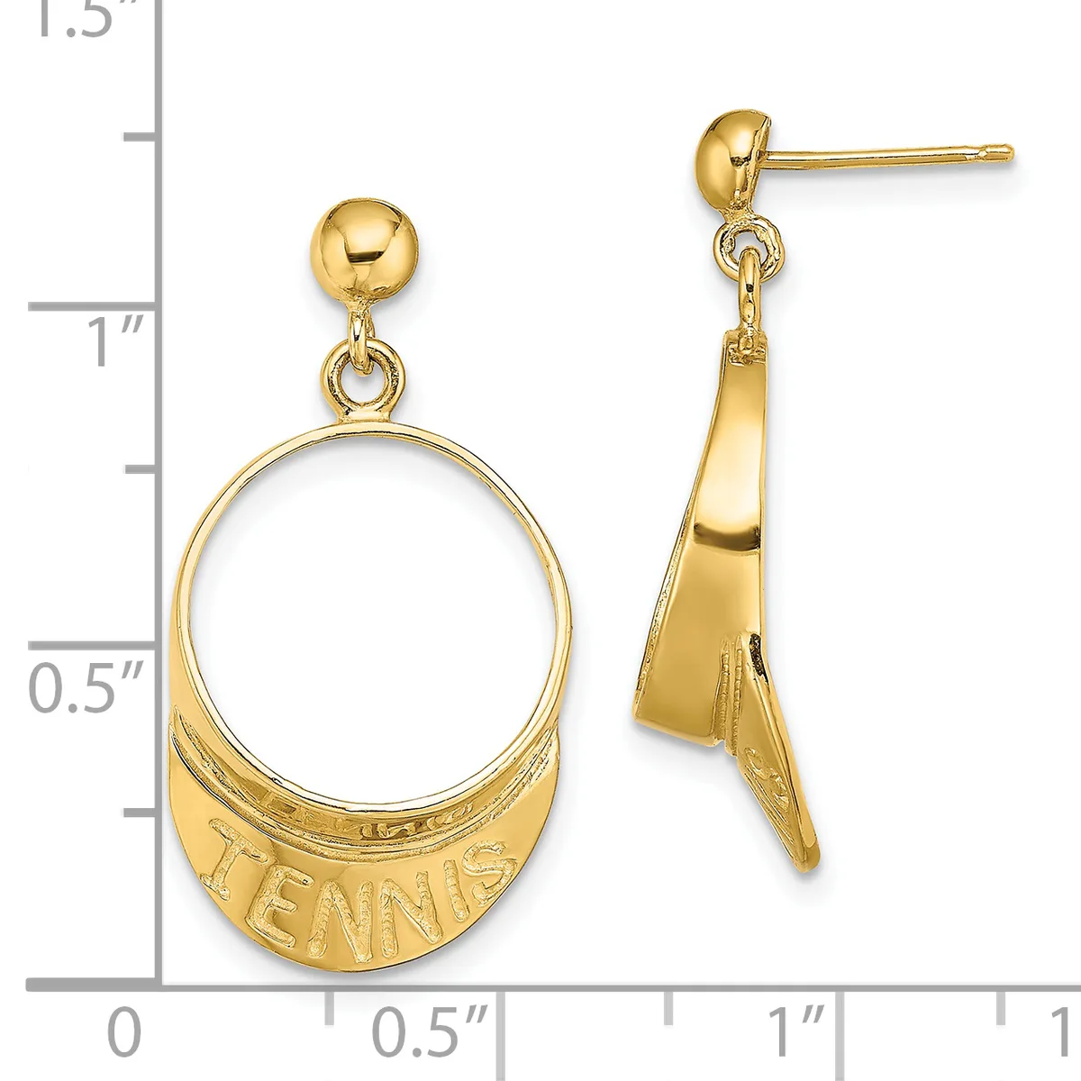 Gold-toned dangle earrings with ball posts featuring oval frames stamped with text and curved metal accents below, shown against a measurement scale.